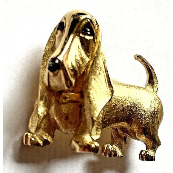 Marcel BOUCHER Basset Hound Figural Pin Brooch Gold Toned Signed Vintage - Picture 5 of 12